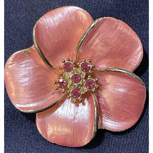Best Pink Enamel Rhinestone Flower Brooch Pin Pendant Large Brass Floral Costume